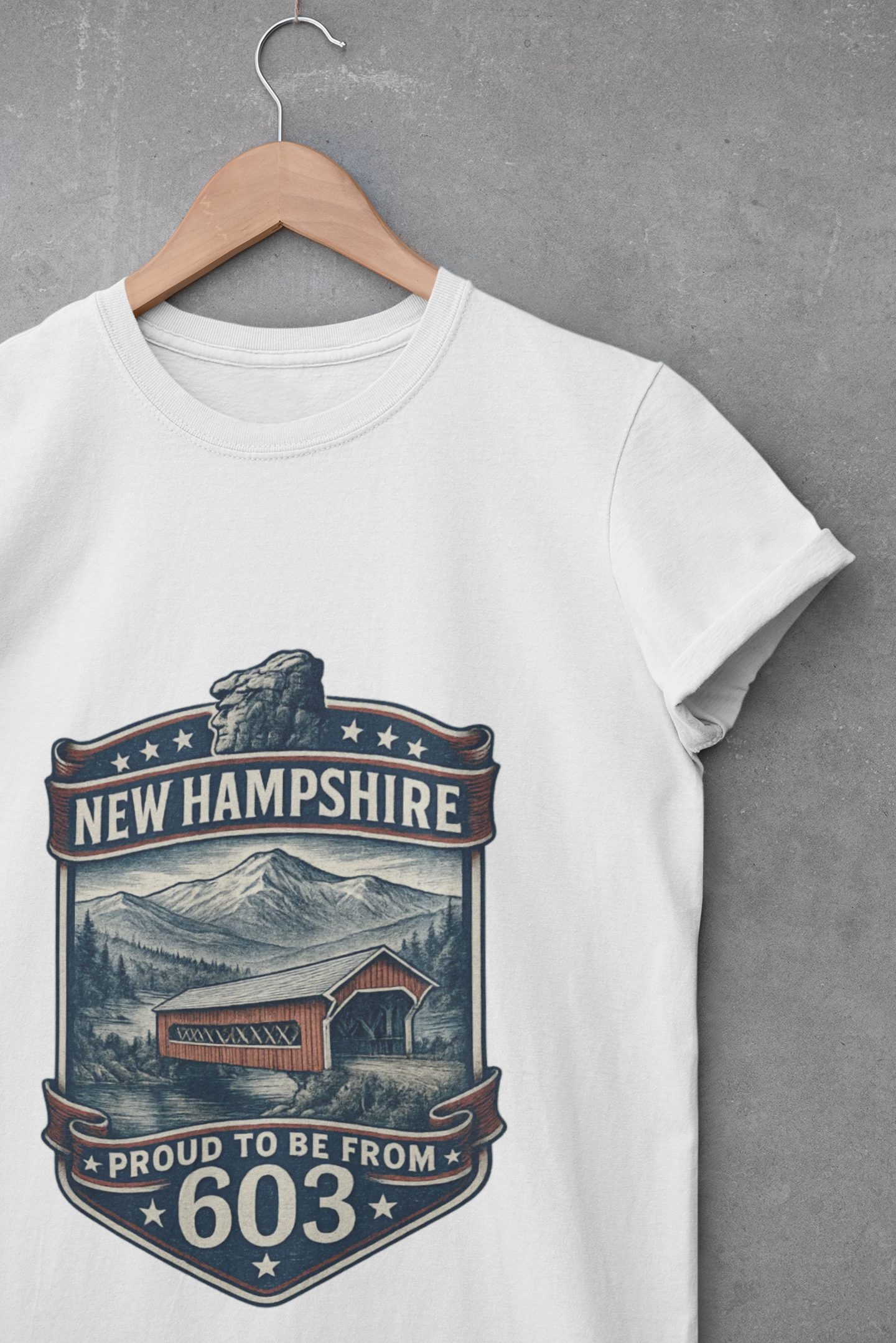 New Hampshire 603 Pride T-Shirt Covered Bridge & Old Man of the Mountain Graphic Tee