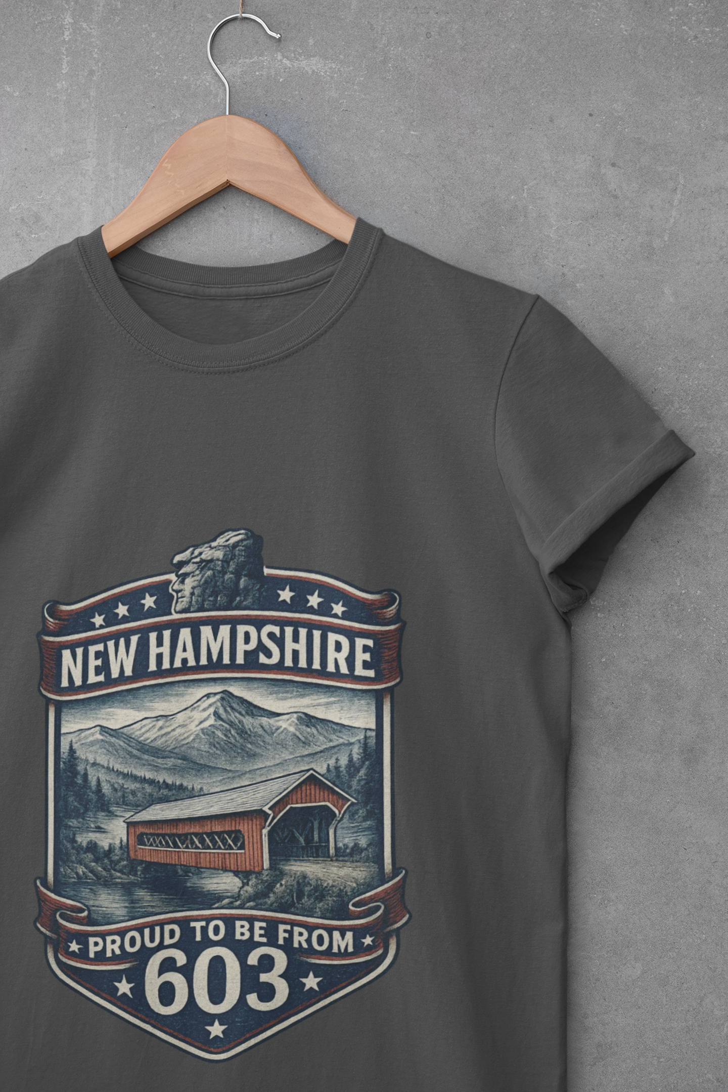 New Hampshire 603 Pride T-Shirt Covered Bridge & Old Man of the Mountain Graphic Tee