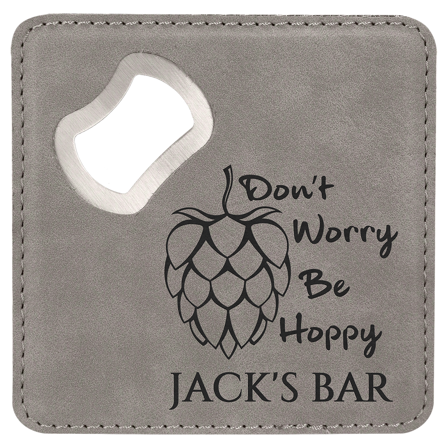 Custom Engraved 4” Leatherette Coasters with Built-In Bottle Openers – Set of 4