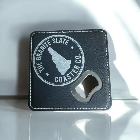 Custom Engraved 4” Leatherette Coasters with Built-In Bottle Openers – Set of 4