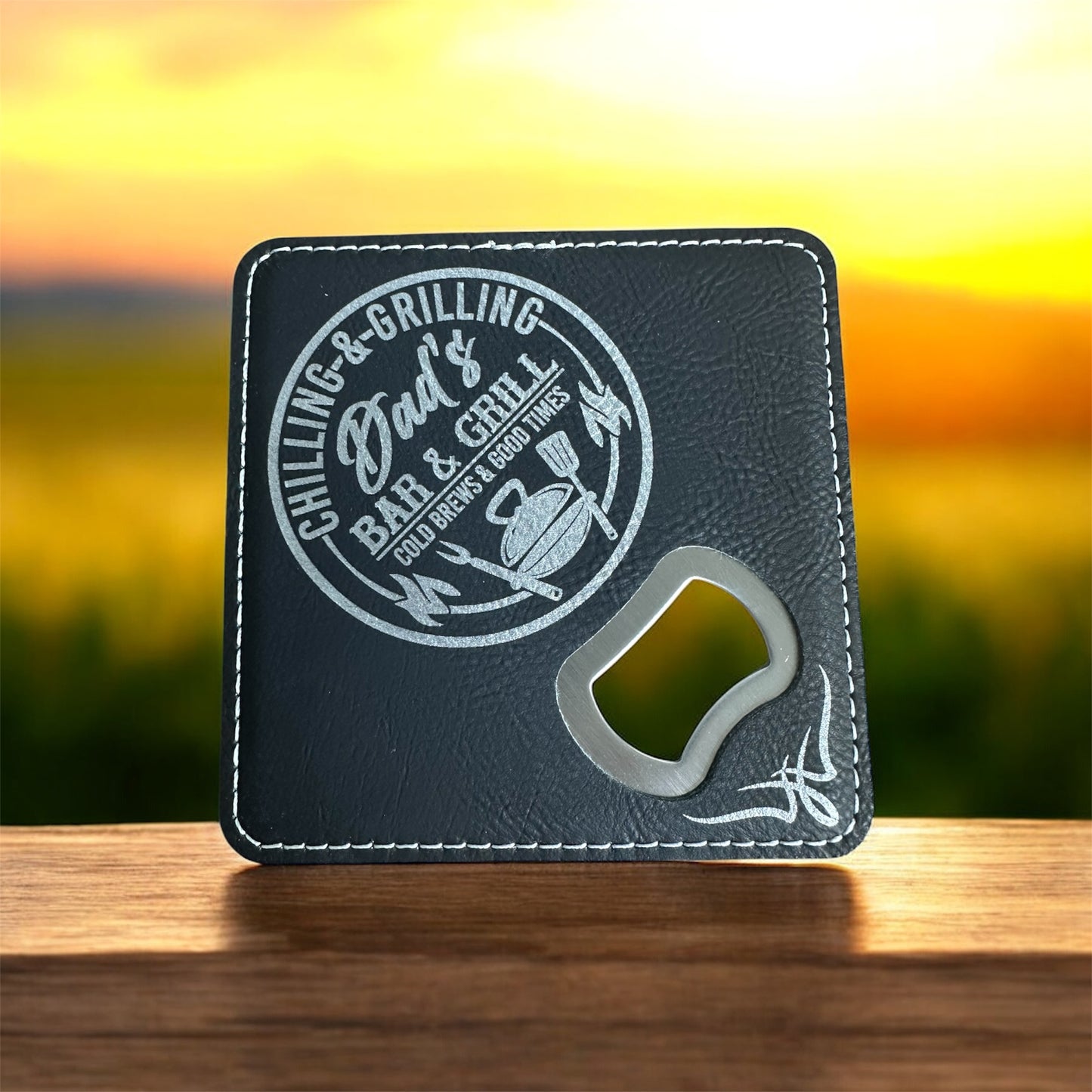 Custom Engraved 4” Leatherette Coasters with Built-In Bottle Openers – Set of 4