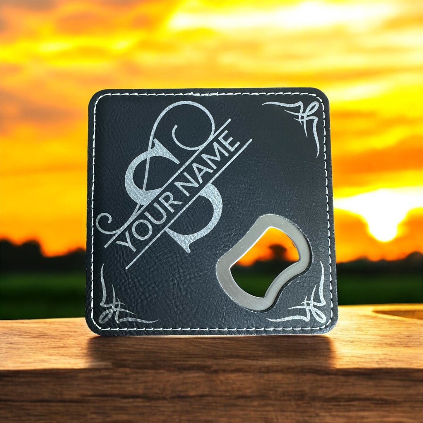 Custom Engraved 4” Leatherette Coasters with Built-In Bottle Openers – Set of 4